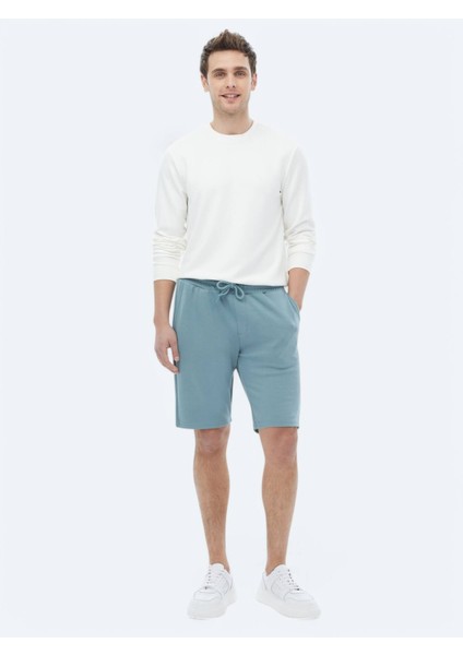Mavi Düz Örme Jogging Fit Casual Bermuda