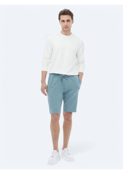 Mavi Düz Örme Jogging Fit Casual Bermuda