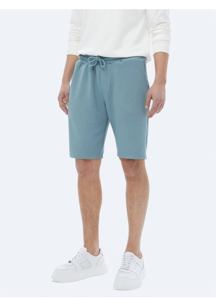 Mavi Düz Örme Jogging Fit Casual Bermuda