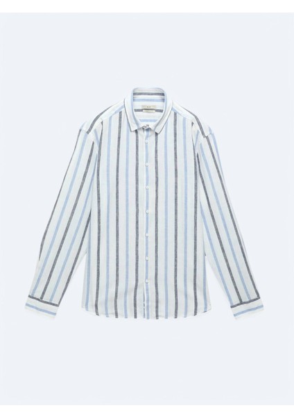 Lacivert Çizgili Regular Fit Dokuma Casual Pamuk Karışımlı Gömlek