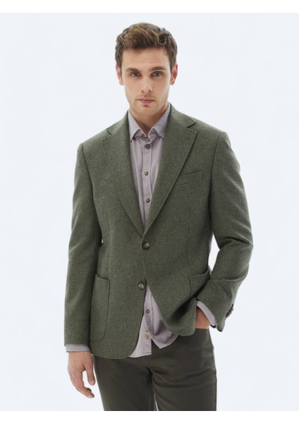 Yeşil Düz Comfort Fit Yün Karışımlı Ceket