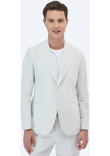 Ekru Çizgili Slim Fit Pamuk Karışımlı Takım Elbise