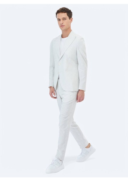 Ekru Çizgili Slim Fit Pamuk Karışımlı Takım Elbise fiyatları