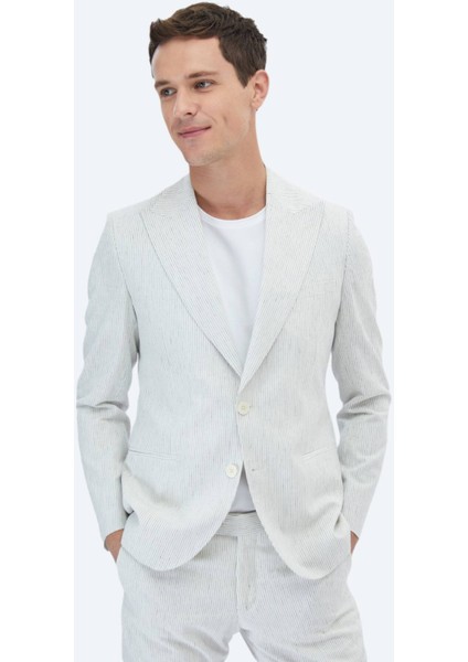 Ekru Çizgili Slim Fit Pamuk Karışımlı Takım Elbise modelleri