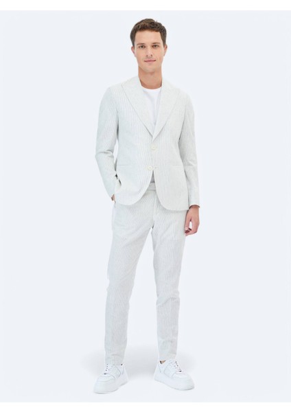 Ekru Çizgili Slim Fit Pamuk Karışımlı Takım Elbise fırsatları