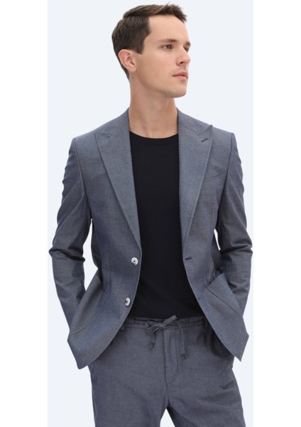 Indigo Düz Modern Fit Pamuk Karışımlı Takım Elbise