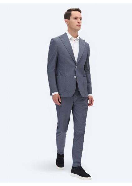 Indigo Düz Modern Fit Pamuk Karışımlı Takım Elbise