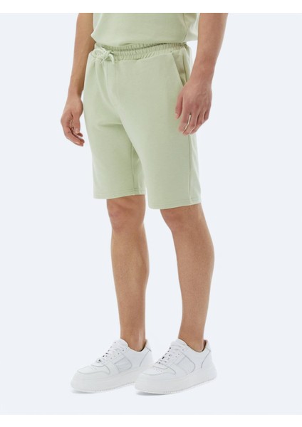 Açık Yeşil Düz Örme Jogging Fit Casual Bermuda