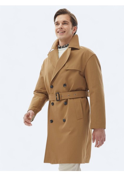 Deve Tüyü Oversize Fit Kruvaze Yaka Casual Dokuma Pardesü