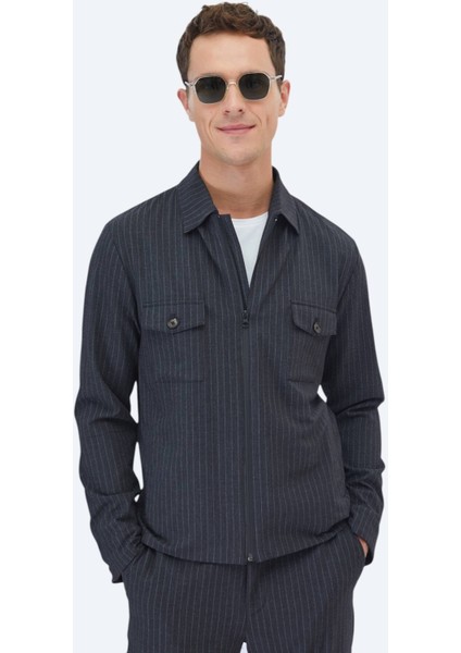 Antrasit Çizgili Modern Fit Takım Elbise