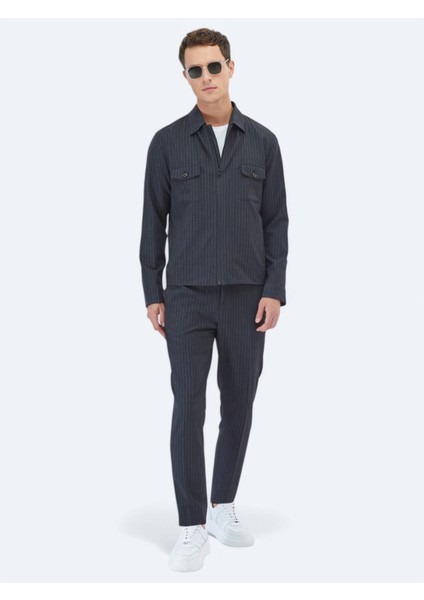 Antrasit Çizgili Modern Fit Takım Elbise