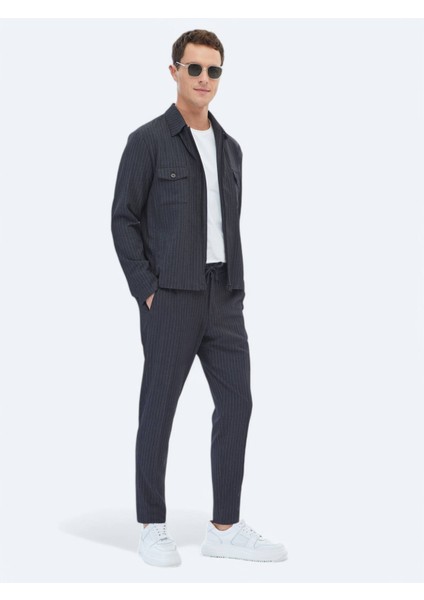 Antrasit Çizgili Modern Fit Takım Elbise