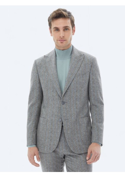 Gri Çizgili Modern Fit Yün Karışımlı Takım Elbise