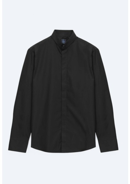 Siyah Regular Fit Dokuma Klasik %100 Pamuk Gömlek