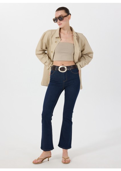 Standart Bel Düz Paça Flare Koyu Lacivert Kadın Denim Pantolon Georgıa Skınny Flare5