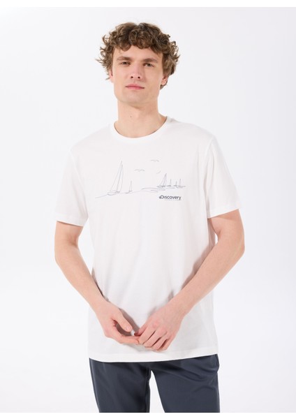 D5SM-TST3802 Beyaz Bisiklet Yaka Relaxed Baskılı Erkek T-Shirt
