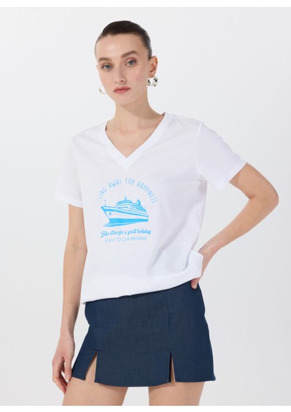 V Yaka Baskılı Beyaz Kadın T-Shirt F5SL-TST0461