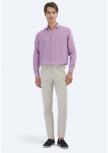 Bej Düz Dokuma Slim Fit Casual Pamuk Karışımlı Pantolon