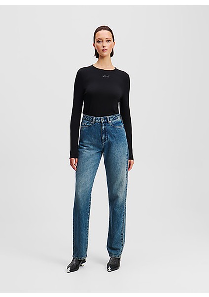 Yüksek Bel Düz Paça Straight Koyu Mavi Kadın Denim Pantolon A1W10087