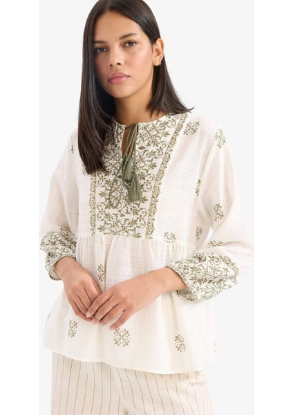 Regular Fit V Yaka Şal Desenli Pamuklu Uzun Kollu Bluz F3467AX25SP