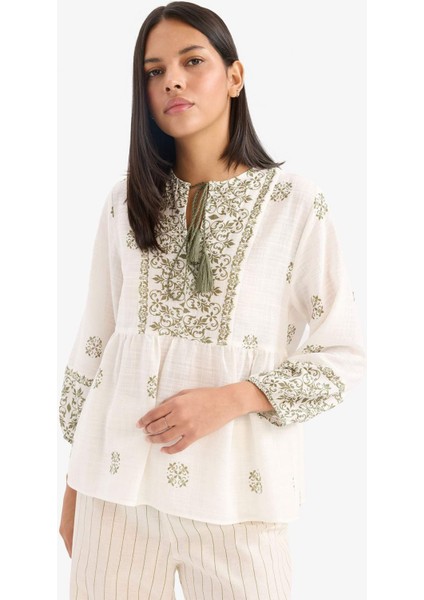 Regular Fit V Yaka Şal Desenli Pamuklu Uzun Kollu Bluz F3467AX25SP modelleri