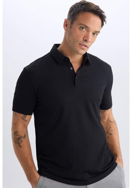 Slim Fit Dar Kesim Polo Yaka Pamuklu Kısa Kollu Siyah Tişört X2594AZ25SP