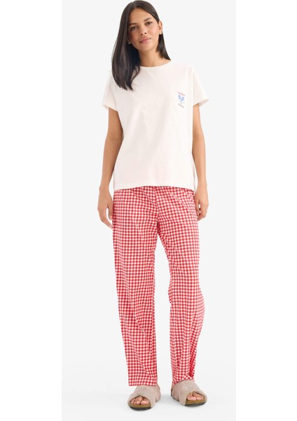 Pijama Takımı Kısa Kollu Üst Esnek Belli Kareli Uzun Altı-Fall in Love E4822AX25SP