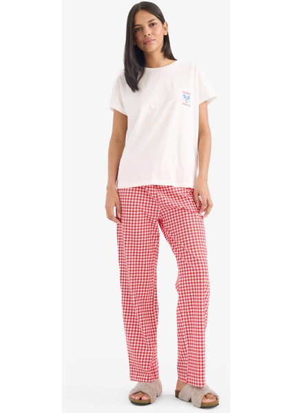 Pijama Takımı Kısa Kollu Üst Esnek Belli Kareli Uzun Altı-Fall in Love E4822AX25SP