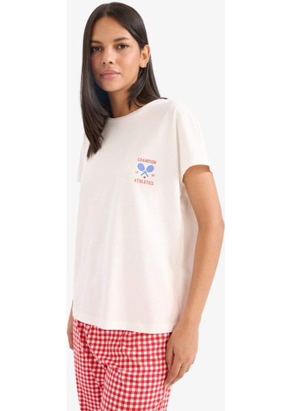 Pijama Takımı Kısa Kollu Üst Esnek Belli Kareli Uzun Altı-Fall in Love E4822AX25SP