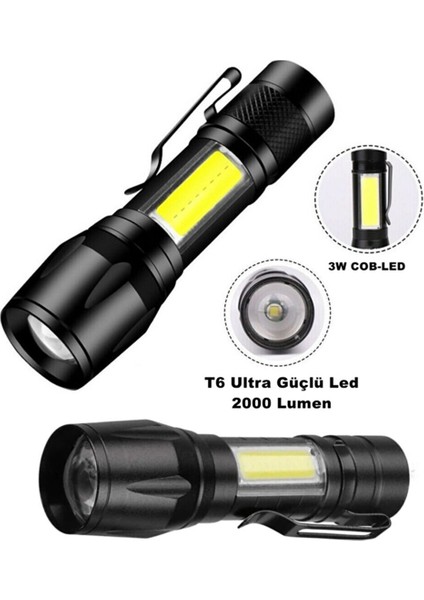 Ultra Çift Yönlü Güçlü Pilli LED El Feneri 2000 Lümen + 6W Cob LED Su Geçirmez Zoomlu 3 Modlu