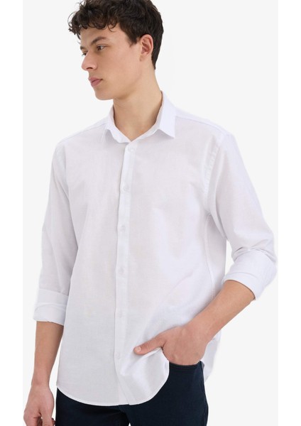 Regular Fit Polo Yaka Keten Yazlık Uzun Kollu Beyaz Gömlek E1729AX25SP