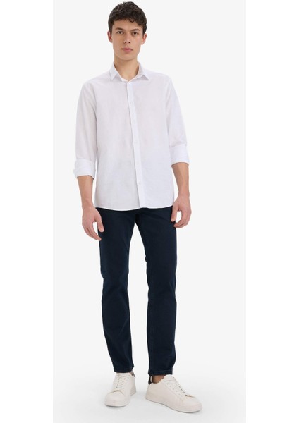 Regular Fit Polo Yaka Keten Yazlık Uzun Kollu Beyaz Gömlek E1729AX25SP