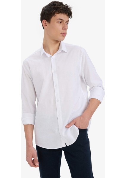 Regular Fit Polo Yaka Keten Yazlık Uzun Kollu Beyaz Gömlek E1729AX25SP