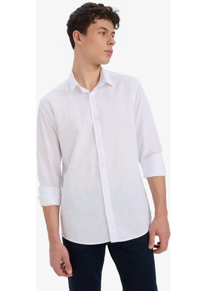 Regular Fit Polo Yaka Keten Yazlık Uzun Kollu Beyaz Gömlek E1729AX25SP