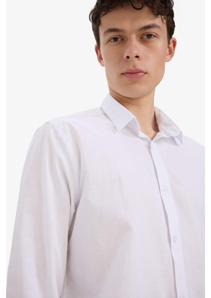 Regular Fit Polo Yaka Keten Yazlık Uzun Kollu Beyaz Gömlek E1729AX25SP