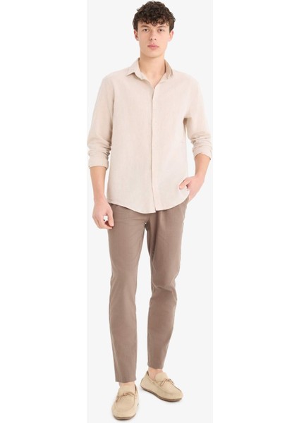 Regular Fit Polo Yaka Keten Yazlık Uzun Kollu Gömlek E1729AX25SP