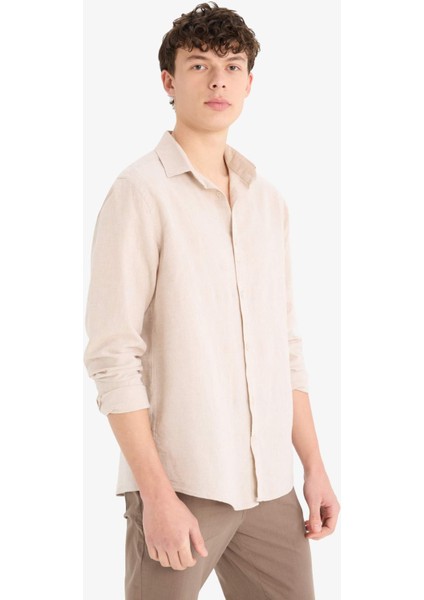 Regular Fit Polo Yaka Keten Yazlık Uzun Kollu Gömlek E1729AX25SP