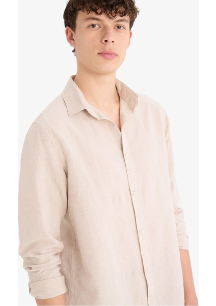 Regular Fit Polo Yaka Keten Yazlık Uzun Kollu Gömlek E1729AX25SP