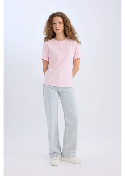 Regular Fit Bisiklet Yaka Basic Düz Kısa Kollu Pembe Tişört D9592AX25SM
