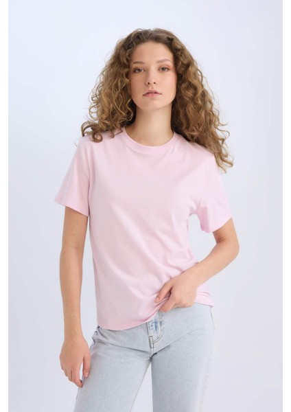 Regular Fit Bisiklet Yaka Basic Düz Kısa Kollu Pembe Tişört D9592AX25SM