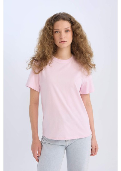 Regular Fit Bisiklet Yaka Basic Düz Kısa Kollu Pembe Tişört D9592AX25SM
