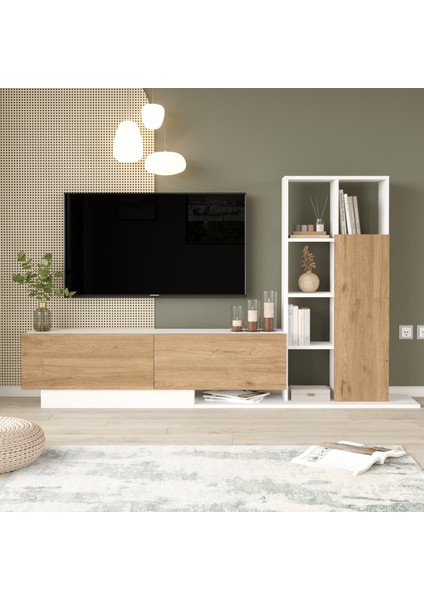 Robin Home Lotus Tv Ünitesi Kapaklı Kitaplık Raf Sepet-Beyaz