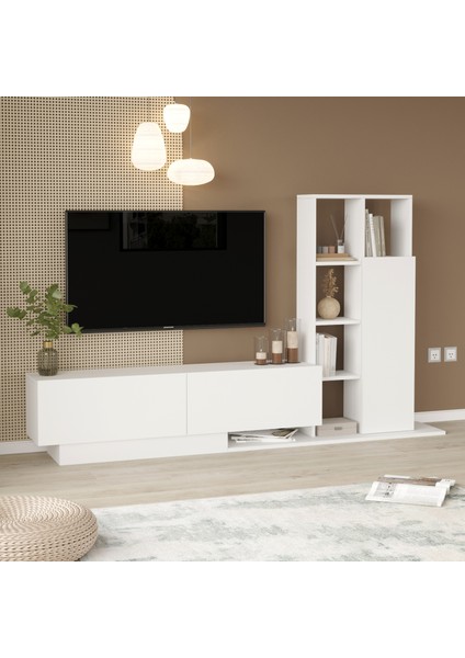 Lotus Tv Ünitesi Kapaklı Kitaplık Raf Beyaz