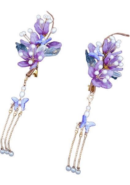 Mor Çiçek Saç Tokası Çin Hanfu Saç Çubuk Çatal Püskül Adım K Saç Tarağı Yan Pimleri Sırlı Çiçek Saçı Mücevherat 2 (Yurt Dışından)