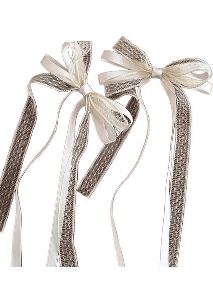 2pcs Koreli Dantel Yay Saç Klip Trendi Uzun Şerit Saçkoplar Ettes Kafa Bandı Kız Düğün JewelrycolorBej (Yurt Dışından)