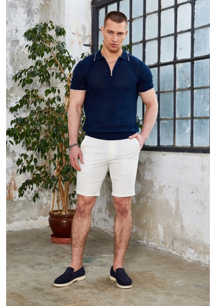 Erkek Beyaz Beli Yarım Lastikli Gold Şort