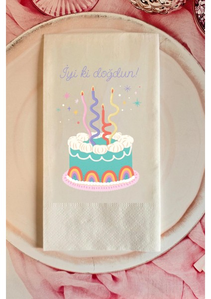 Spiral Mumlu Rengarenk Doğum Günü Pastası Baskılı Doğum Günü Peçetesi 20LI