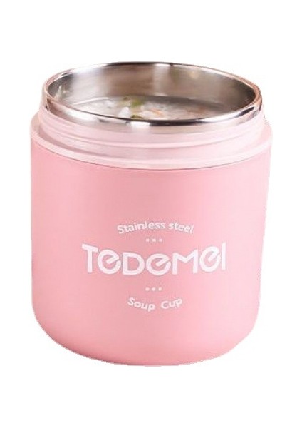 Kahvaltı Kupası Yemeklik 304 Paslanmaz Çelik Isı Yalıtımlı Pembe 530ML Kaşıklı (Yurt Dışından)