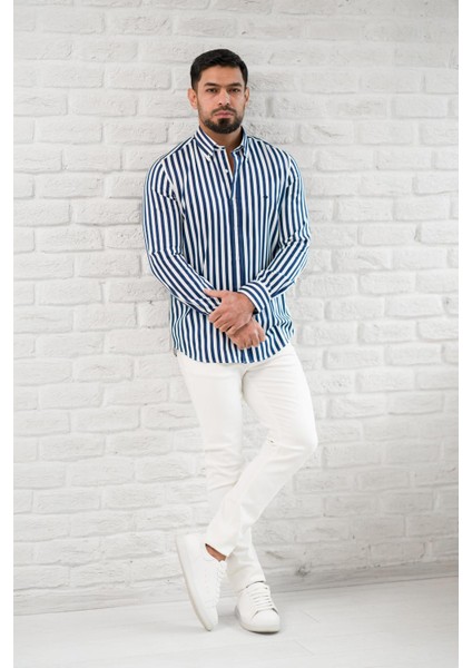 Kalın Çizgili Yaka Düğmeli Cepsiz Regular Fit Gömlek