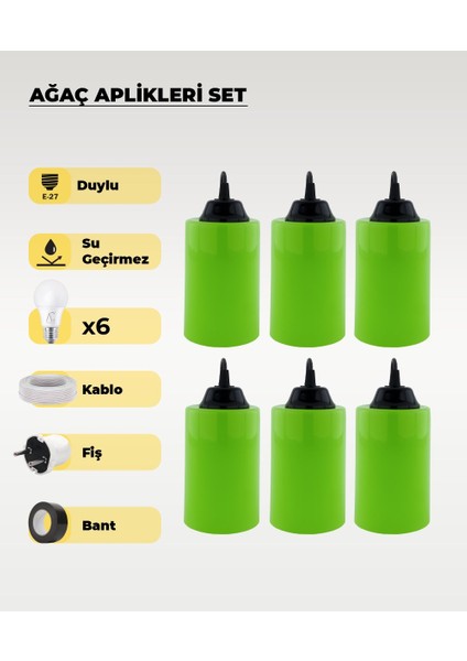 Hazır Set Yeşil Silindir Ağaç Feneri - 6 Adet (Sarı Işık Ampul, Kablo, Fiş ve Bant Dahil)